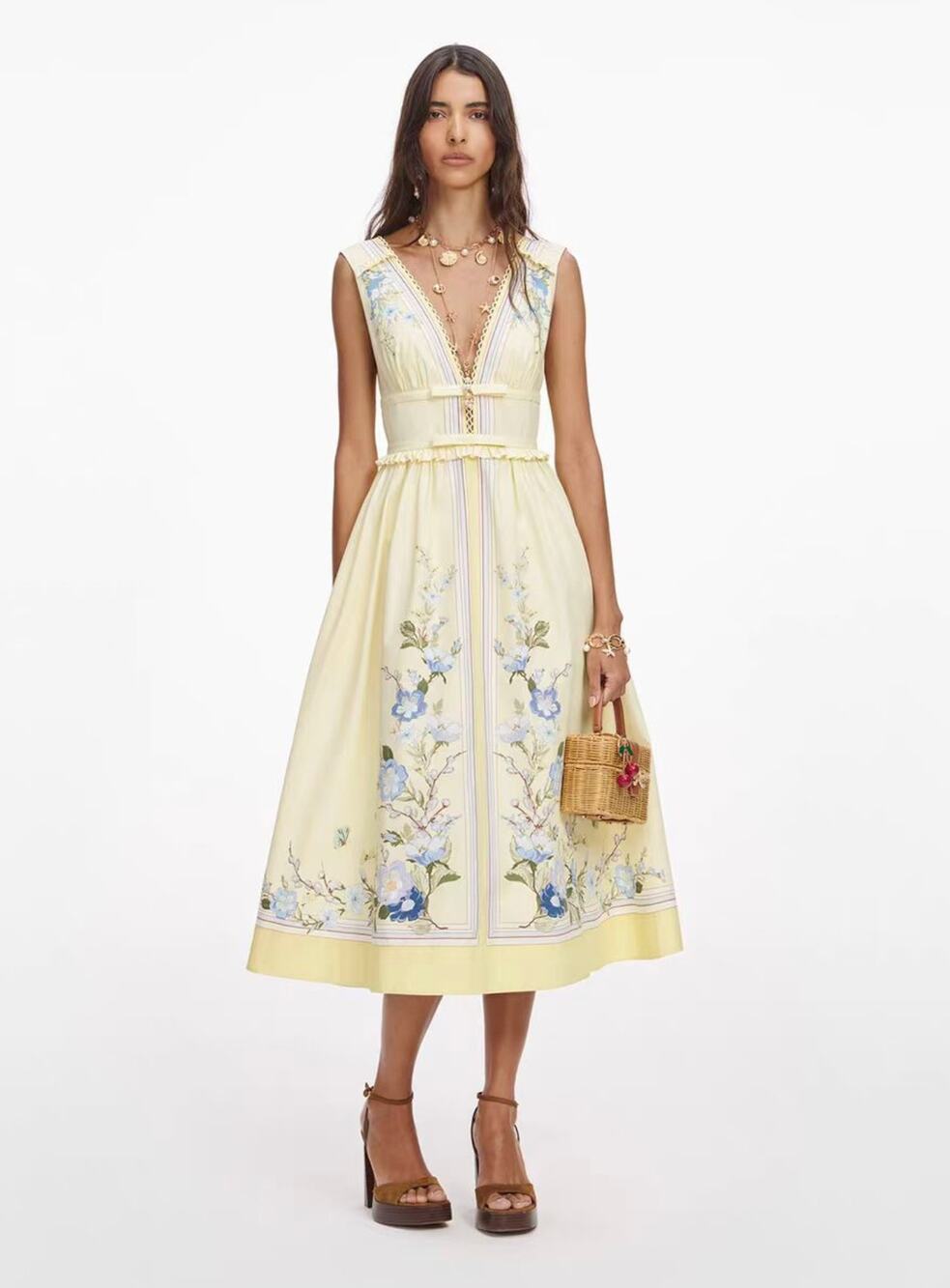 Self-Portrait Yellow Floral Cotton Midi Dress